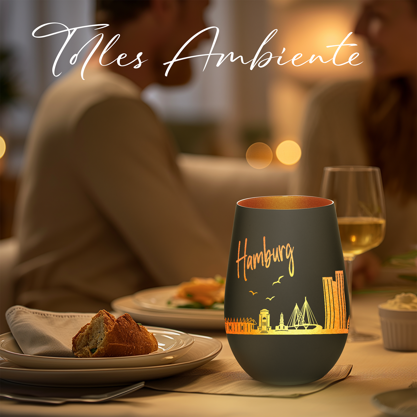 Hochwertiges Glas Windlicht mit Gravur "SKYLINE HAMBURG" in der Farbe Schwarz/Bronze