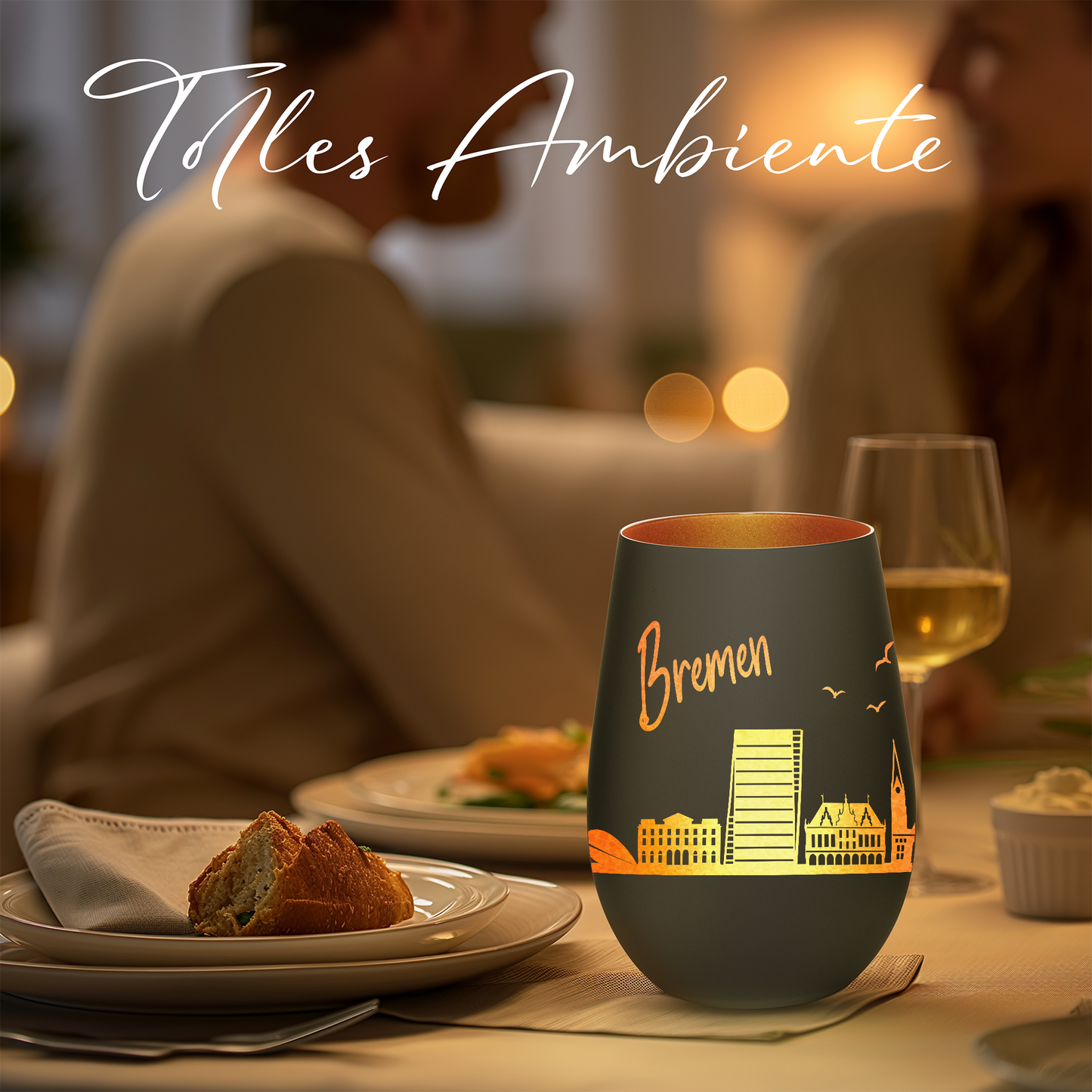 Hochwertiges Glas Windlicht mit Gravur "SKYLINE BREMEN" in der Farbe Schwarz/Bronze