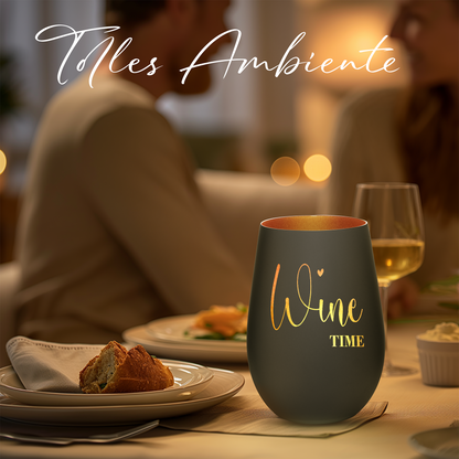 Hochwertiges Glas Windlicht mit Gravur "WINE TIME" in der Farbe Schwarz/Bronze