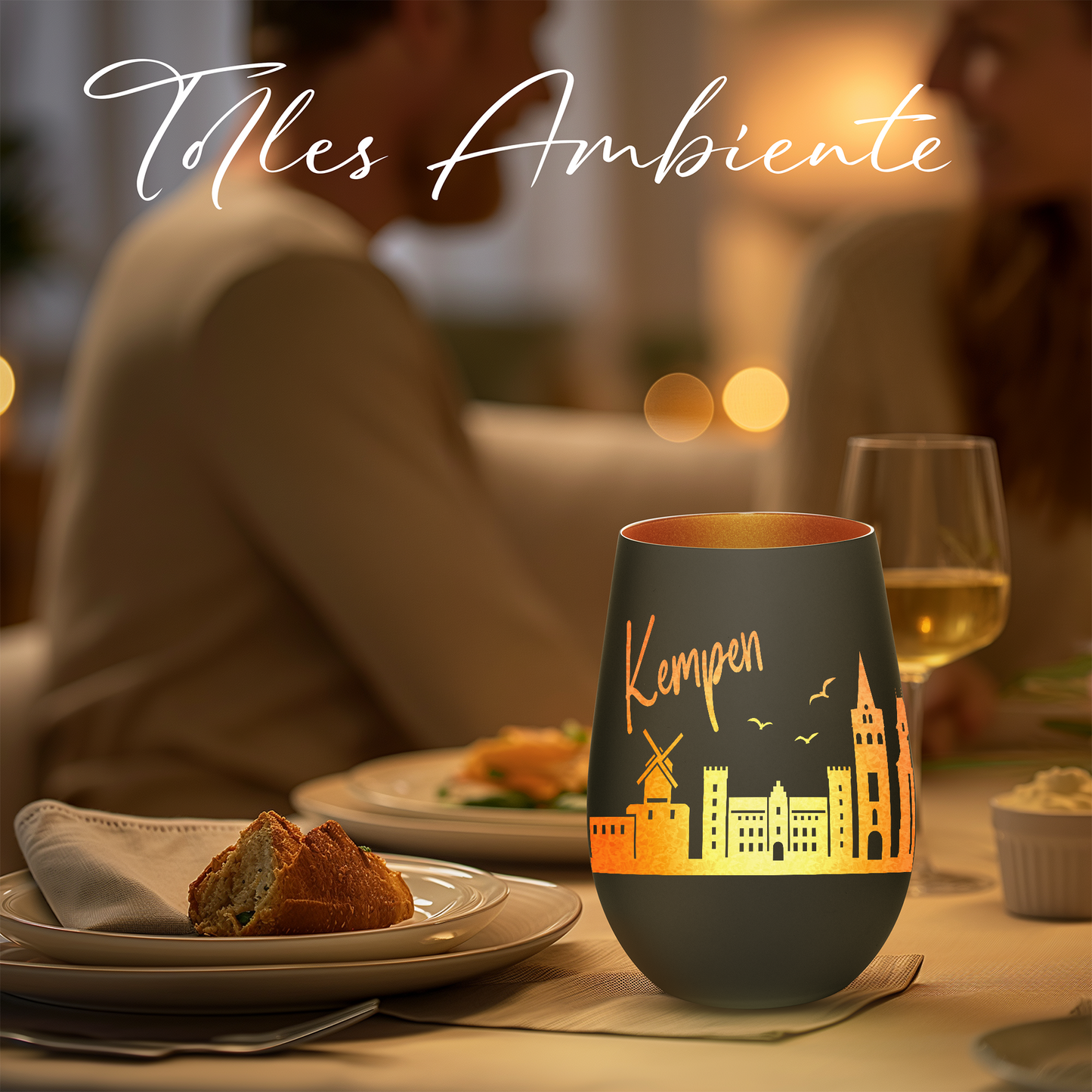 Hochwertiges Glas Windlicht mit Gravur "SKYLINE KEMPEN" in der Farbe Schwarz/Bronze