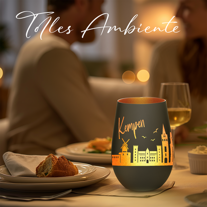 Hochwertiges Glas Windlicht mit Gravur "SKYLINE KEMPEN" in der Farbe Schwarz/Bronze