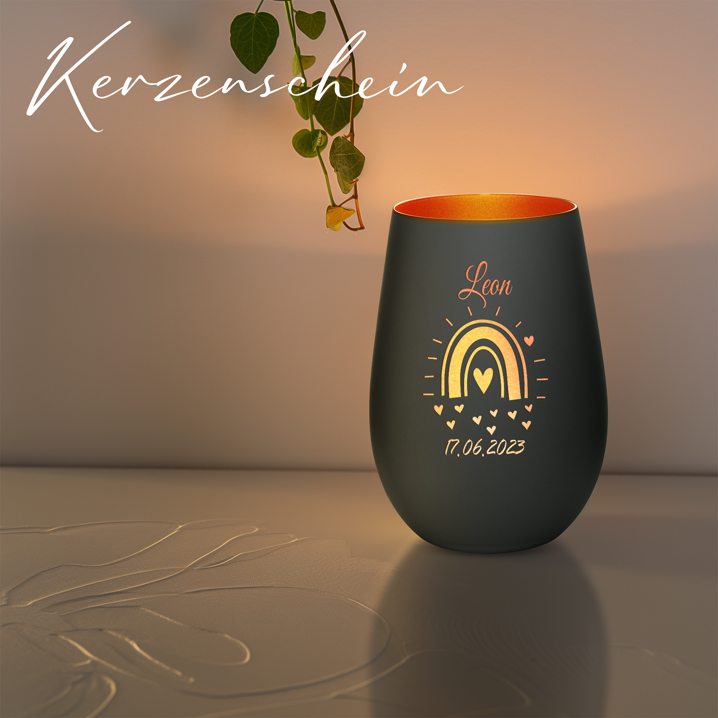 Hochwertiges Glas Windlicht mit Gravur "GEBURT MIT REGENBOGEN" mit Wunschname und Datum in der Farbe Schwarz/Bronze