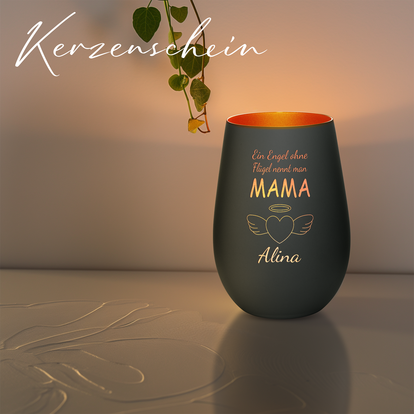 Hochwertiges Glas Windlicht mit Gravur "EIN ENGEL OHNE FLÜGEL NENNT MAN MAMA" mit Wunschname in der Farbe Schwarz/Bronze