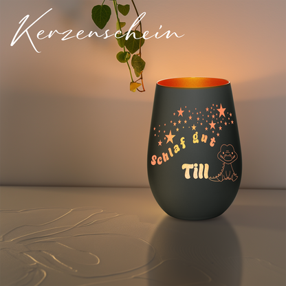 Hochwertiges Glas Windlicht für Kinder mit Gravur "SCHLAF GUT" Motiv Krokodil mit Wunschname in der Farbe Schwarz/Bronze