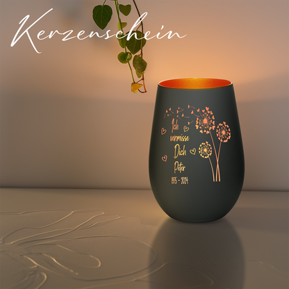 Hochwertiges Glas Windlicht mit Gravur als Trauerlicht "ICH VERMISSE DICH" mit Wunschname in der Farbe Schwarz/Bronze
