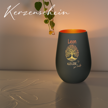 Hochwertiges Glas Windlicht mit Gravur "ALLES LIEBE ZUR TAUFE" mit Wunschname in der Farbe Schwarz/Bronze