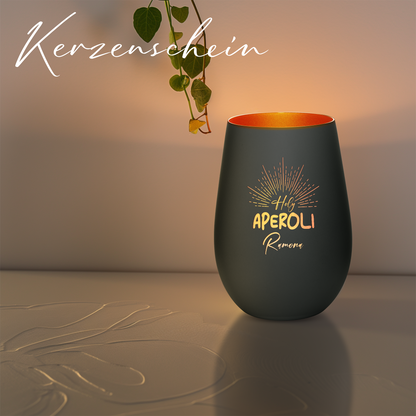 Hochwertiges Glas Windlicht mit Gravur "HOLY APEROLI" mit Wunschname in der Farbe Schwarz/Bronze