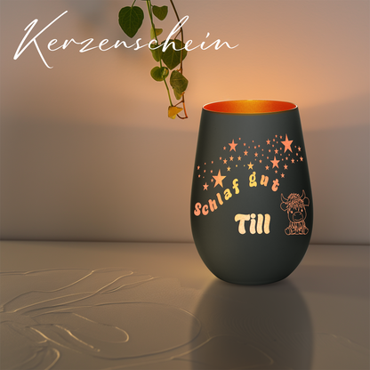 Hochwertiges Glas Windlicht für Kinder mit Gravur "SCHLAF GUT" Motiv Bison mit Wunschname in der Farbe Schwarz/Bronze