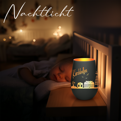 Hochwertiges Glas Windlicht mit Gravur "SKYLINE KIRCHHELLEN" in der Farbe Schwarz/Bronze