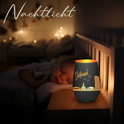 Hochwertiges Glas Windlicht mit Gravur "SKYLINE DORTMUND" in der Farbe Schwarz/Bronze