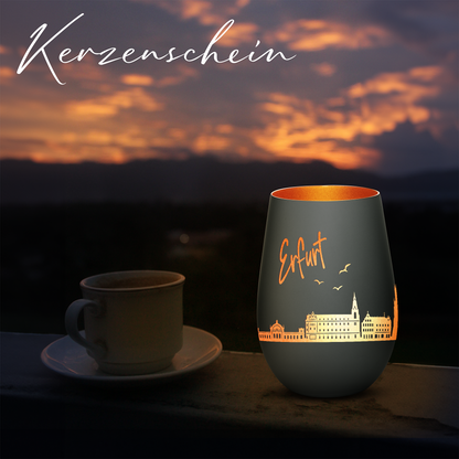 Hochwertiges Glas Windlicht mit Gravur "SKYLINE ERFURT" in der Farbe Schwarz/Bronze