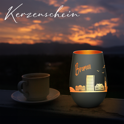 Hochwertiges Glas Windlicht mit Gravur "SKYLINE BREMEN" in der Farbe Schwarz/Bronze