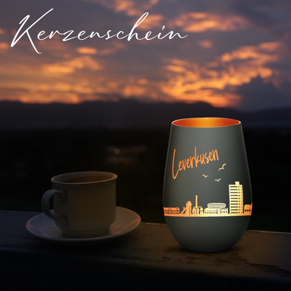 Hochwertiges Glas Windlicht mit Gravur "SKYLINE LEVERKUSEN" in der Farbe Schwarz/Bronze