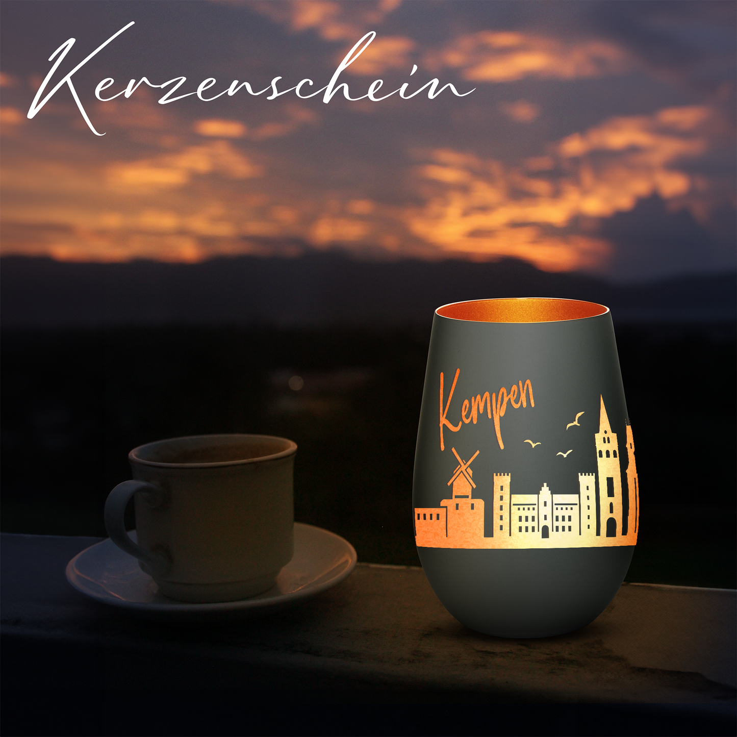 Hochwertiges Glas Windlicht mit Gravur "SKYLINE KEMPEN" in der Farbe Schwarz/Bronze