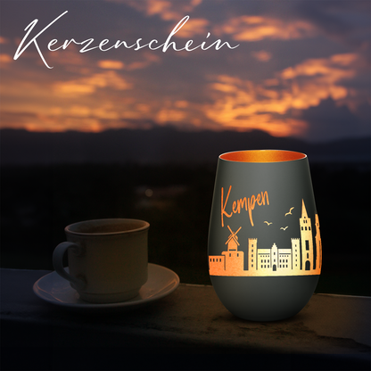 Hochwertiges Glas Windlicht mit Gravur "SKYLINE KEMPEN" in der Farbe Schwarz/Bronze