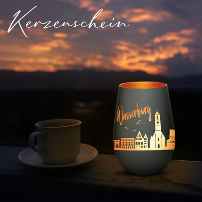 Hochwertiges Glas Windlicht mit Gravur "SKYLINE WASSERBURG" in der Farbe Schwarz/Bronze