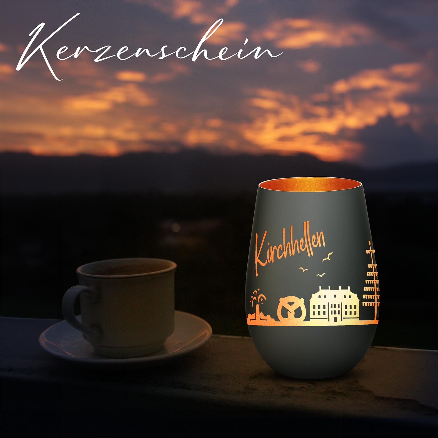 Hochwertiges Glas Windlicht mit Gravur "SKYLINE KIRCHHELLEN" in der Farbe Schwarz/Bronze