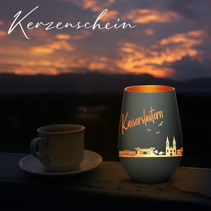 Hochwertiges Glas Windlicht mit Gravur "SKYLINE KAISERSLAUTERN" in der Farbe Schwarz/Bronze