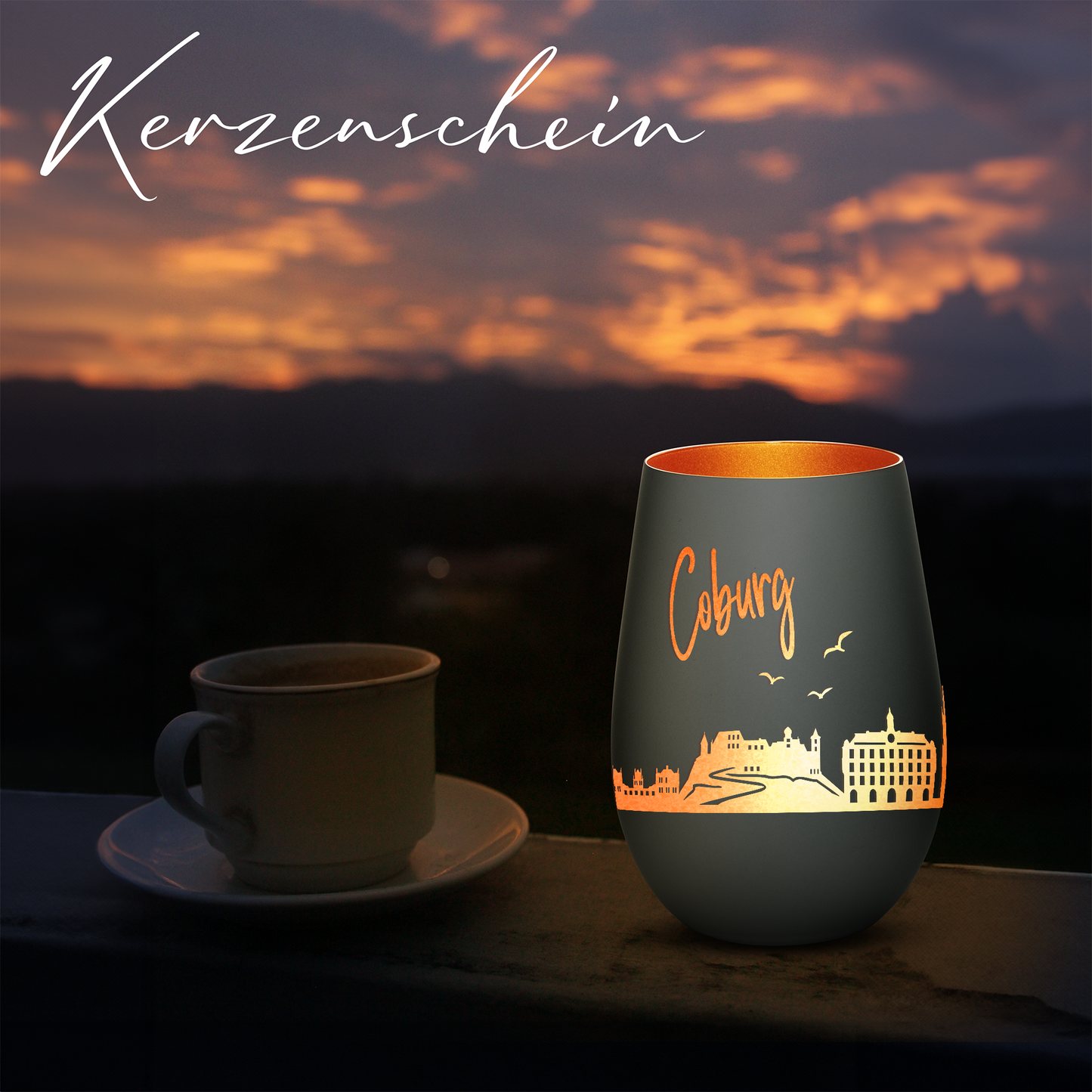 Hochwertiges Glas Windlicht mit Gravur "SKYLINE COBURG" in der Farbe Schwarz/Bronze