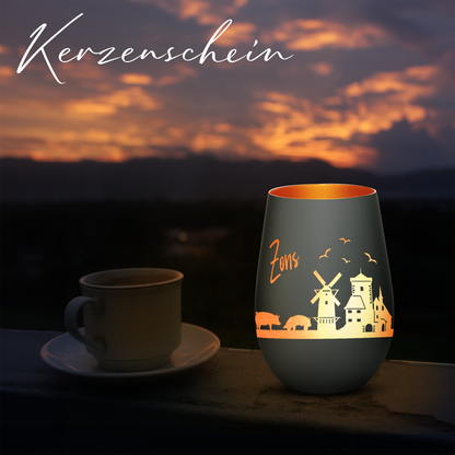 Hochwertiges Glas Windlicht mit Gravur "SKYLINE ZONS (DORMAGEN)" in der Farbe Schwarz/Bronze