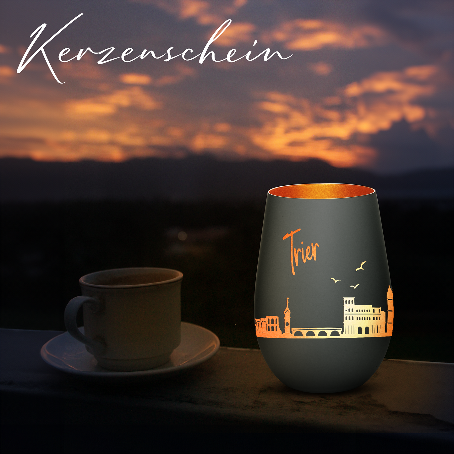 Hochwertiges Glas Windlicht mit Gravur "SKYLINE TRIER" in der Farbe Schwarz/Bronze