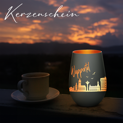 Hochwertiges Glas Windlicht mit Gravur "SKYLINE WUPPERTAL" in der Farbe Schwarz/Bronze