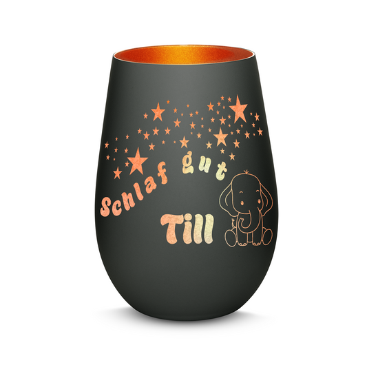 Hochwertiges Glas Windlicht für Kinder mit Gravur "SCHLAF GUT" Motiv Elefant mit Wunschname in der Farbe Schwarz/Bronze