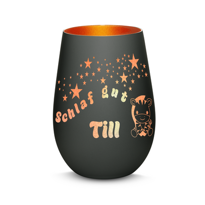 Hochwertiges Glas Windlicht für Kinder mit Gravur "SCHLAF GUT" Motiv Zebra mit Wunschname in der Farbe Schwarz/Bronze