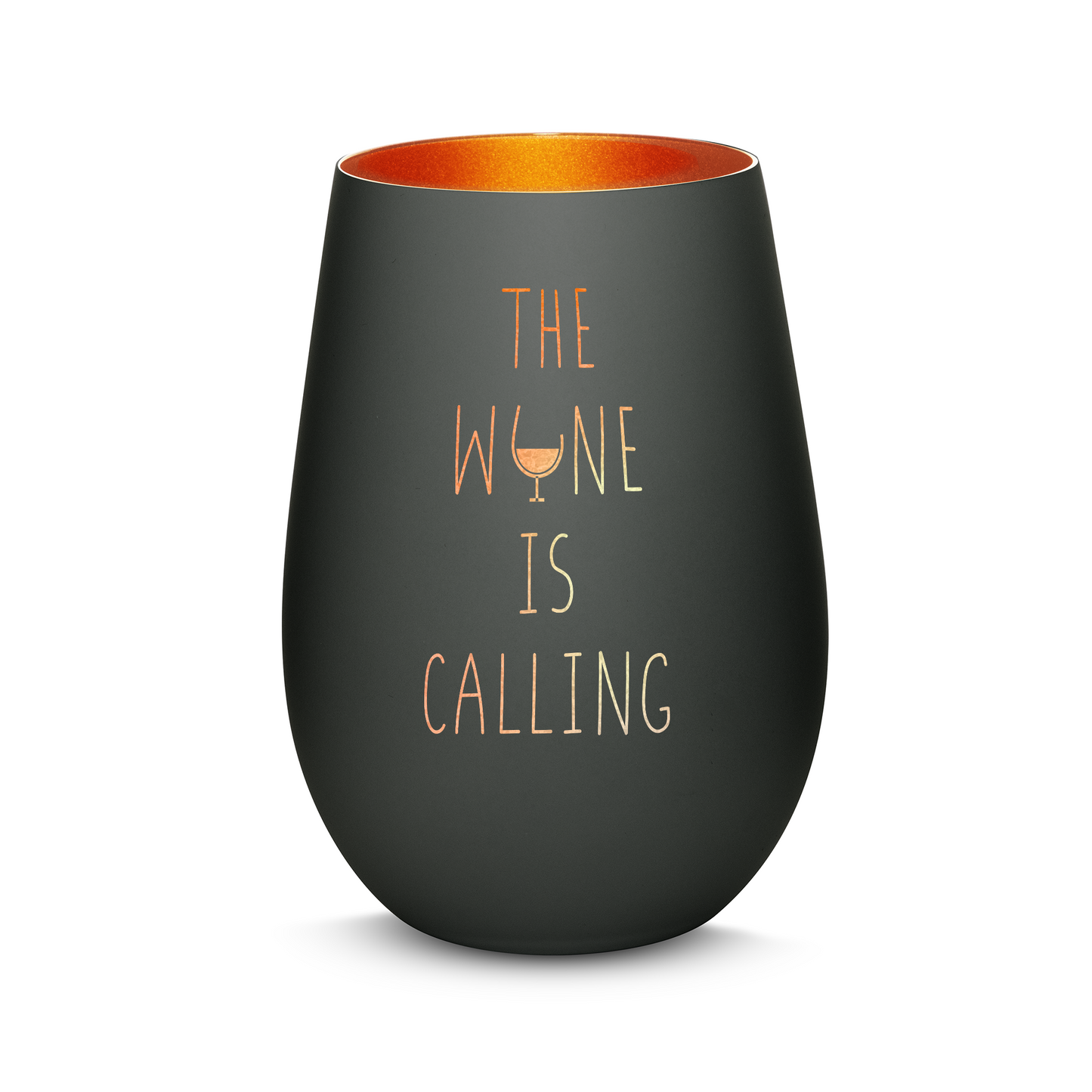 Hochwertiges Glas Windlicht mit Gravur "THE WINE IS CALLING" in der Farbe Schwarz/Bronze