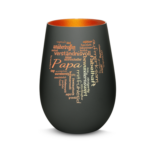 Hochwertiges Glas Windlicht mit Gravur "PAPA GROßES HERZ" in der Farbe Schwarz/Bronze
