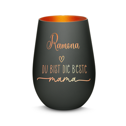 Hochwertiges Glas Windlicht mit Gravur "DIE BESTE MAMA" mit Wunschname in der Farbe Schwarz/Bronze