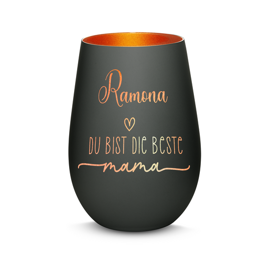Hochwertiges Glas Windlicht mit Gravur "DIE BESTE MAMA" mit Wunschname in der Farbe Schwarz/Bronze
