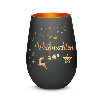 Hochwertiges Glas Windlicht mit Gravur "FROHE WEIHNACHTEN" in der Farbe Schwarz/Bronze