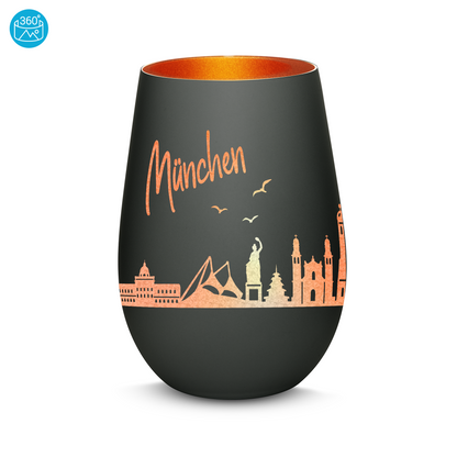 Hochwertiges Glas Windlicht mit Gravur "SKYLINE MÜNCHEN" in der Farbe Schwarz/Bronze