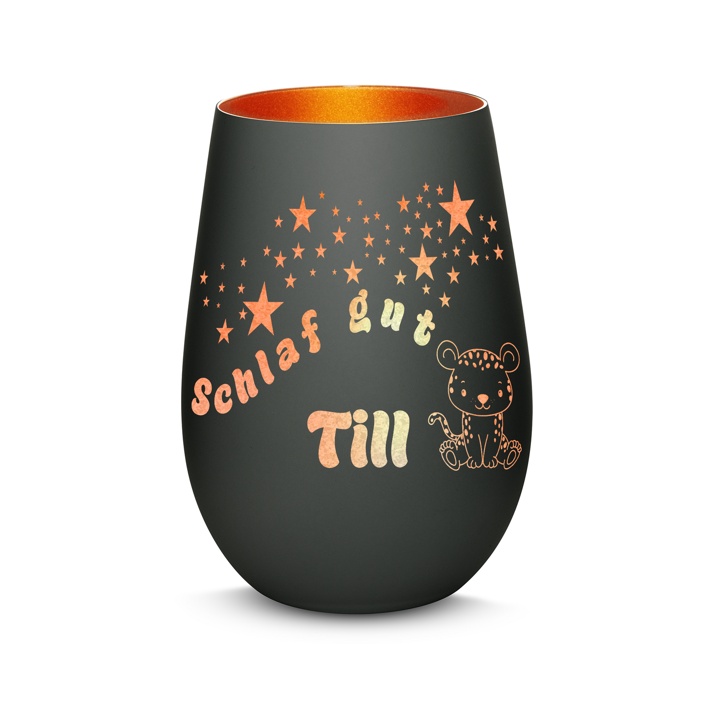 Hochwertiges Glas Windlicht für Kinder mit Gravur "SCHLAF GUT" Motiv Leopard mit Wunschname in der Farbe Schwarz/Bronze