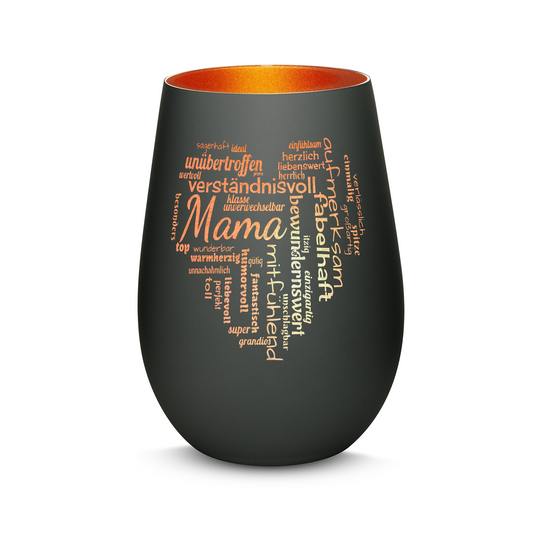 Hochwertiges Glas Windlicht mit Gravur "MAMA GROßES HERZ" in der Farbe Schwarz/Bronze