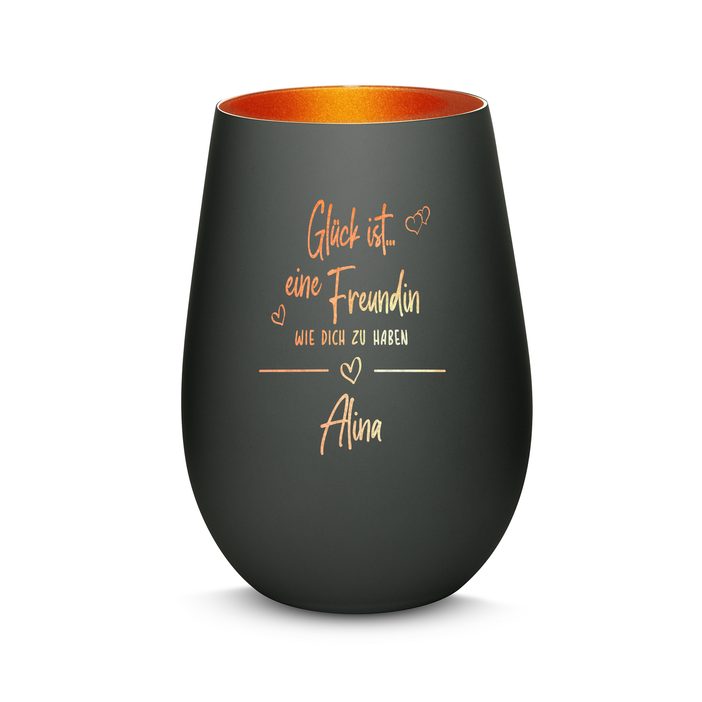 Hochwertiges Glas Windlicht mit Gravur "GLÜCK IST EINE FREUNDIN WIE DICH ZU HABEN" mit Wunschname in der Farbe Schwarz/Bronze