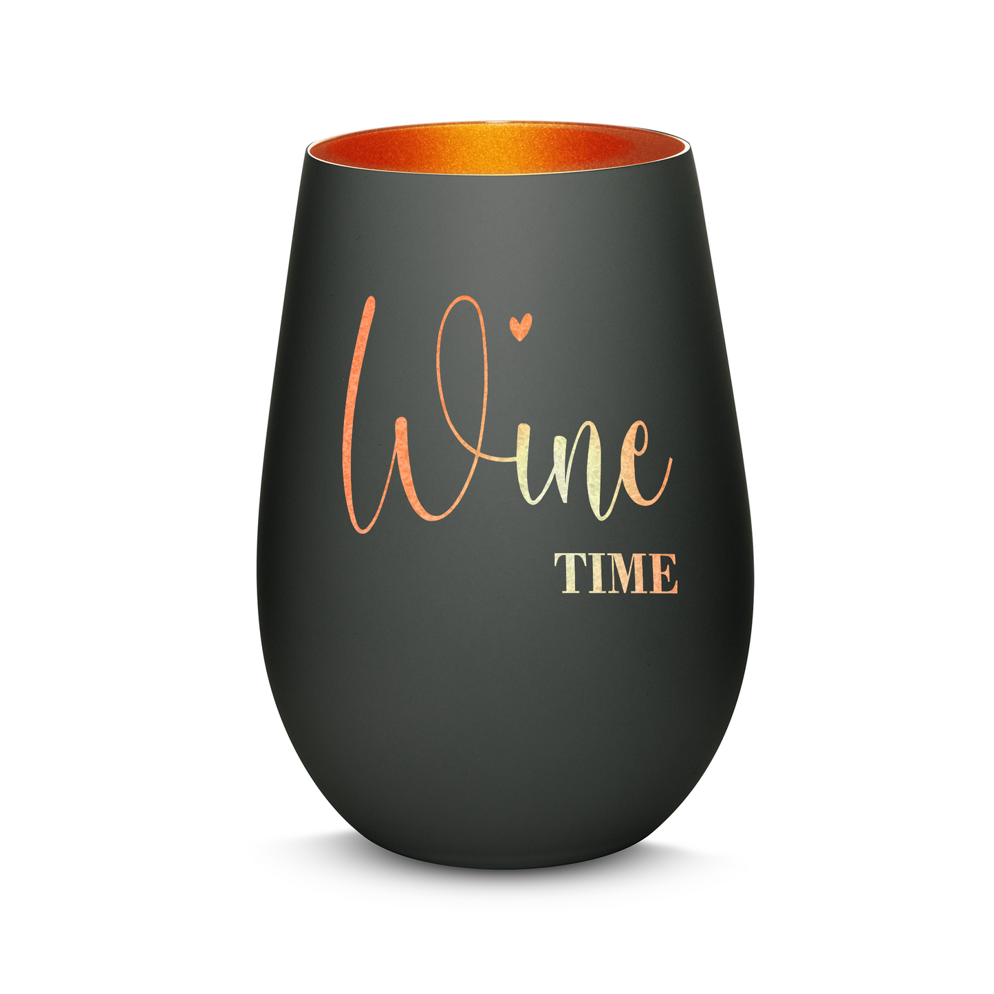 Hochwertiges Glas Windlicht mit Gravur "WINE TIME" in der Farbe Schwarz/Bronze