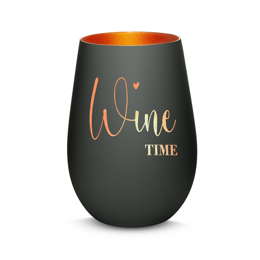 Hochwertiges Glas Windlicht mit Gravur "WINE TIME" in der Farbe Schwarz/Bronze