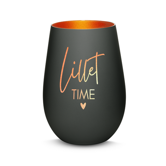 Hochwertiges Glas Windlicht mit Gravur "LILLET TIME" in der Farbe Schwarz/Bronze