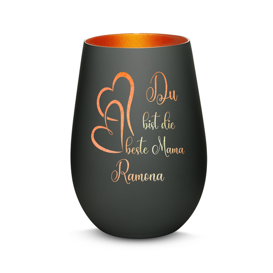 Hochwertiges Glas Windlicht mit Gravur "DU BIST DIE BESTE MAMA" mit Wunschname in der Farbe Schwarz/Bronze