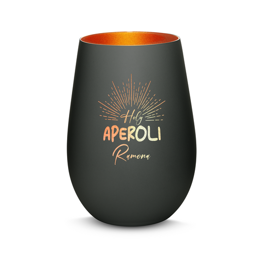 Hochwertiges Glas Windlicht mit Gravur "HOLY APEROLI" mit Wunschname in der Farbe Schwarz/Bronze