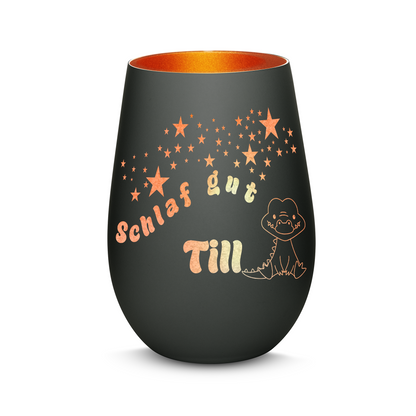 Hochwertiges Glas Windlicht für Kinder mit Gravur "SCHLAF GUT" Motiv Krokodil mit Wunschname in der Farbe Schwarz/Bronze