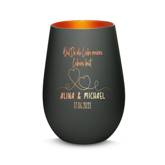 Hochwertiges Glas Windlicht mit Gravur "WEIL DU DIE LIEBE MEINES LEBENS BIST" mit Wunschnamen und Datum in der Farbe Schwarz/Bronze