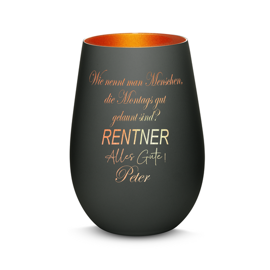 Hochwertiges Glas Windlicht mit Gravur "MONTAGS GUTE LAUNE! RENTNER" mit Wunschname in der Farbe Schwarz/Bronze