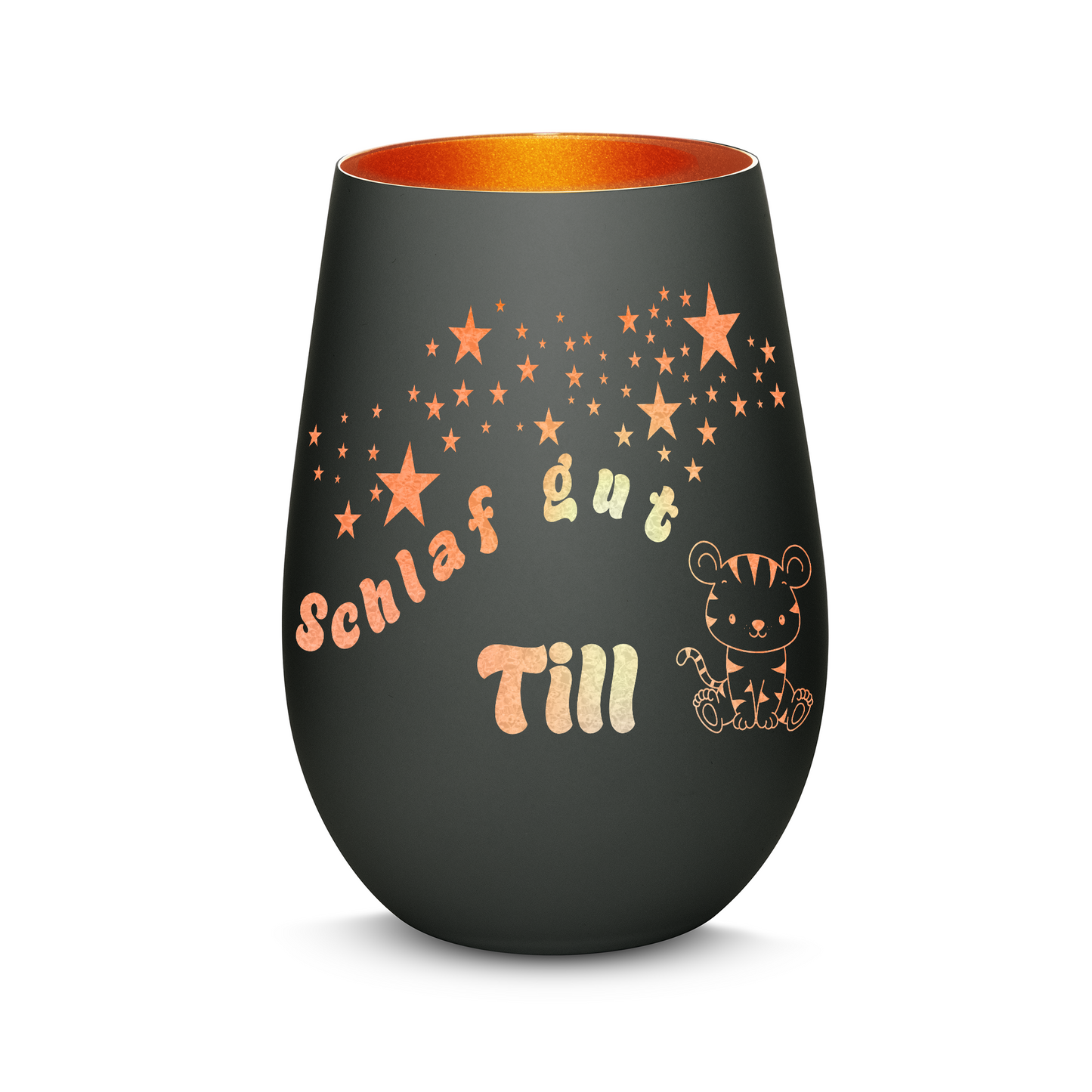 Hochwertiges Glas Windlicht für Kinder mit Gravur "SCHLAF GUT" Motiv Tiger mit Wunschname in der Farbe Schwarz/Bronze