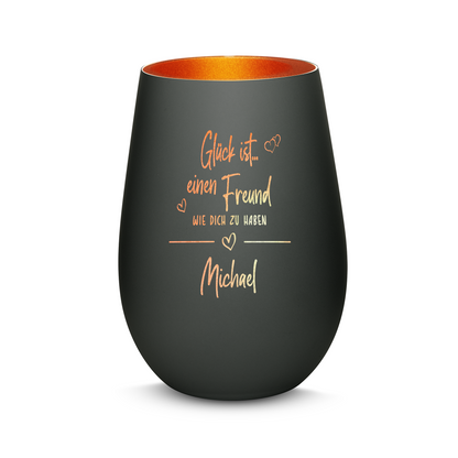 Hochwertiges Glas Windlicht mit Gravur "GLÜCK IST EINEN FREUND WIE DICH ZU HABEN" mit Wunschname in der Farbe Schwarz/Bronze