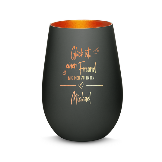 Hochwertiges Glas Windlicht mit Gravur "GLÜCK IST EINEN FREUND WIE DICH ZU HABEN" mit Wunschname in der Farbe Schwarz/Bronze