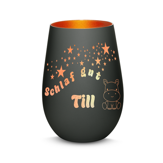 Hochwertiges Glas Windlicht für Kinder mit Gravur "SCHLAF GUT" Motiv Nilpferd mit Wunschname in der Farbe Schwarz/Bronze