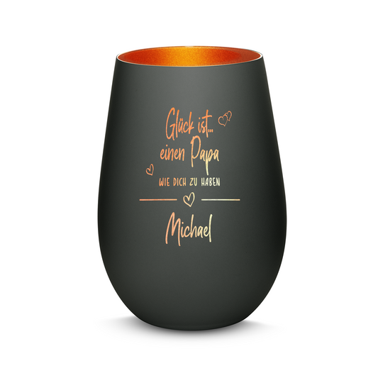 Hochwertiges Glas Windlicht mit Gravur "GLÜCK IST EINEN PAPA WIE DICH ZU HABEN" mit Wunschname in der Farbe Schwarz/Bronze